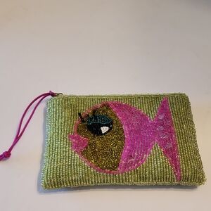 Beaded Fish Wristlet Pouch in Lime Green Clean Hot Pink FISH LIPS